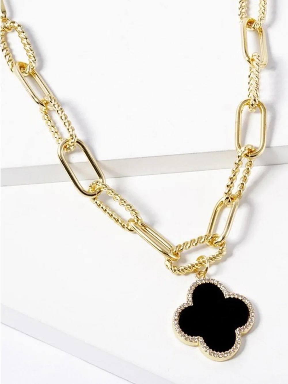 Gold Dipped Black Clover Paperclip Necklace (8515)